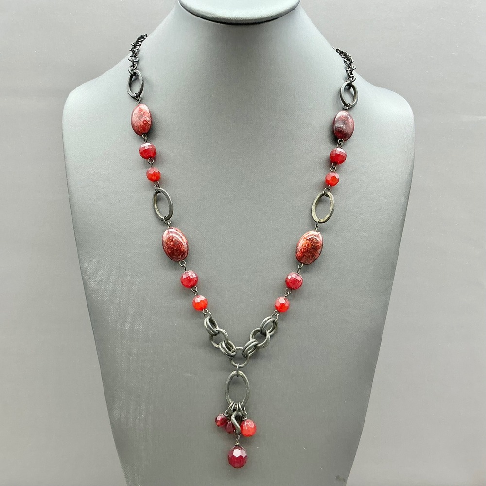 Premier Designs Necklace Women Red Beaded Gunmetal Chain Dangle Pendant Fashion